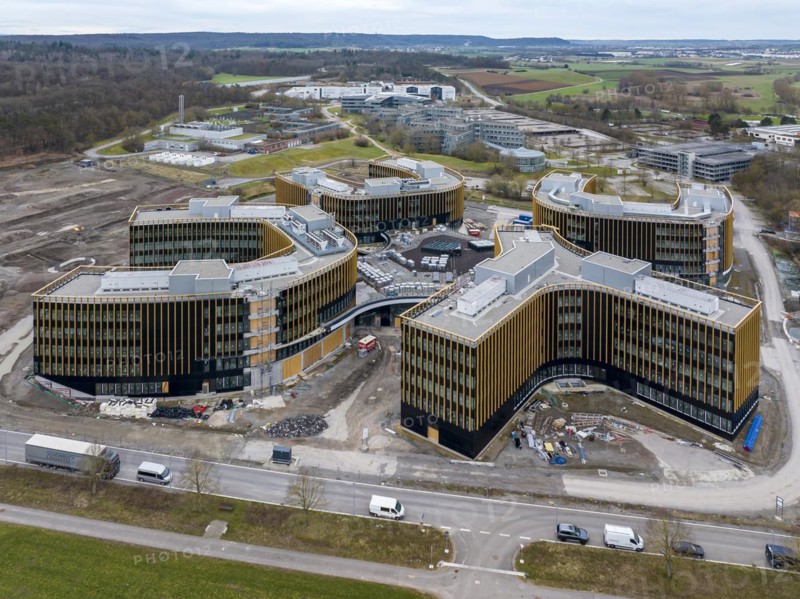 IBM construction project in Ehningen: Large construction site Technology Campus. Once the buildings are completed, the new German headquarters will provide space for 3, 500 employees. Ehningen, Böblingen district, Baden-Württemberg, Germany, Europe