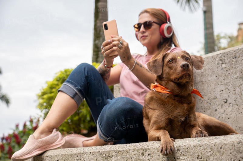 Close-up of an adorable dog attentively gazing at the horizon while sitting next to its owner, who is looking at her phone and listening to music with headphones