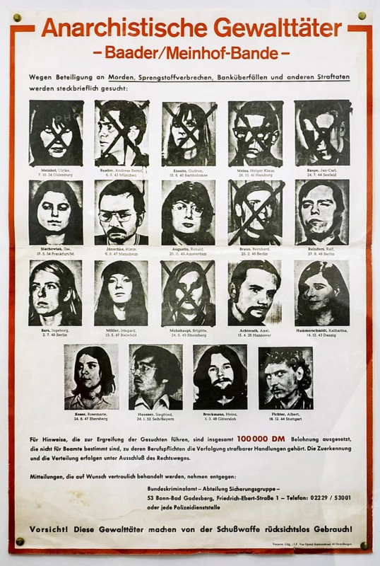 German wanted poster with mug shots of terrorists of Baader-Meinhof Group, Red Army Faction, militant organization founded in 1970 in West Germany