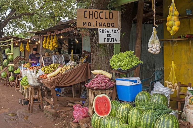 Roadside stalls selling fruit and vegetables on the outskirts of Ciudad del Este, Alto Parana, Paraguay, South America