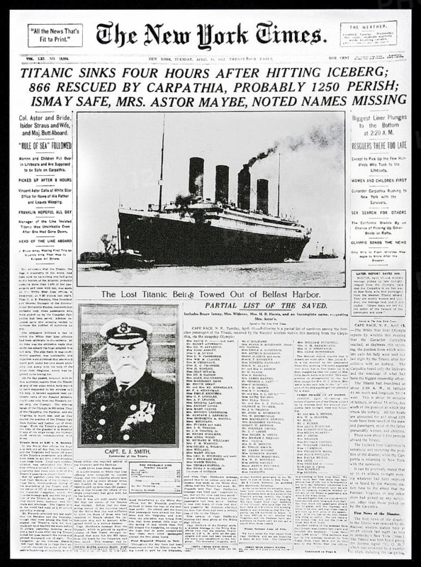 1912 front page news of The New York Times reporting the sinking of the Titanic after hitting iceberg