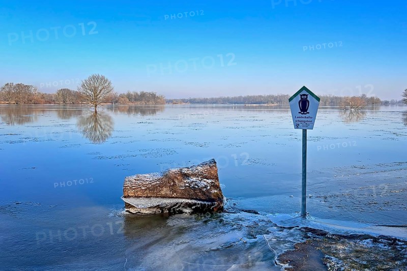 Flood, flood protection, flood plain, dike protection, dike on the Elbe, flooding, biotope, Elbe dike, habitat, frost, frozen over, ice sheets, Elbe floodplains, floodplain landscape, river course, delta, Middle Elbe river landscape, flowing water, sunrise, Elbe river landscape, landscape conservation area, information sign, Middle Elbe biosphere reserve, Saxony-Anhalt, Germany, Europe