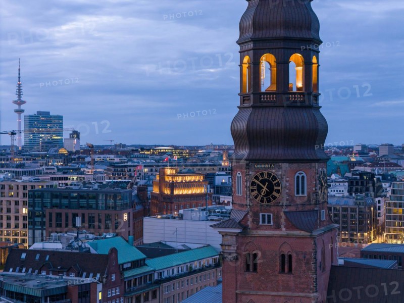 Aerial view main church St. with television tower Heinrich Hertz-Turm at blue hour, Hamburg, Germany, Europe