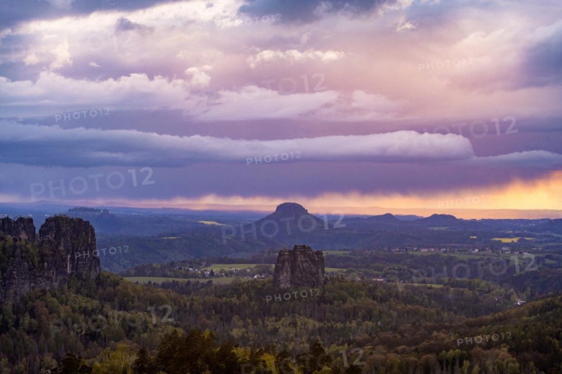 View of the Schrammstein chain, the Falkenstein and the Lilienstein from the Carolafelsen, Bad Schandau, Saxony, Germany, Europe