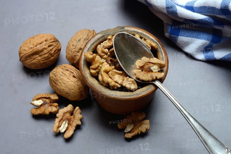 Walnut, walnuts in pots with spoon, Juglans regia