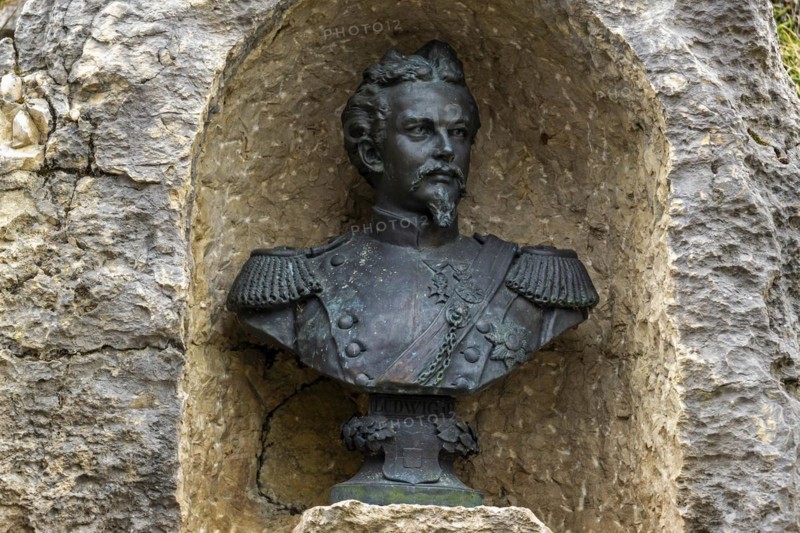 Bust of King Ludwig II, at the ruins of Falkenstein Castle, near Pfronten, OstallgÃ¤u, AllgÃ¤u, Bavaria, Germany, Europe