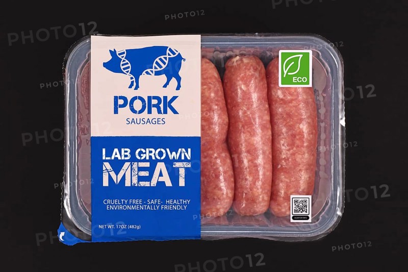 Lab grown cultured meat concept for artificial in vitro cell culture meat production with packed raw pork sausages with made up label