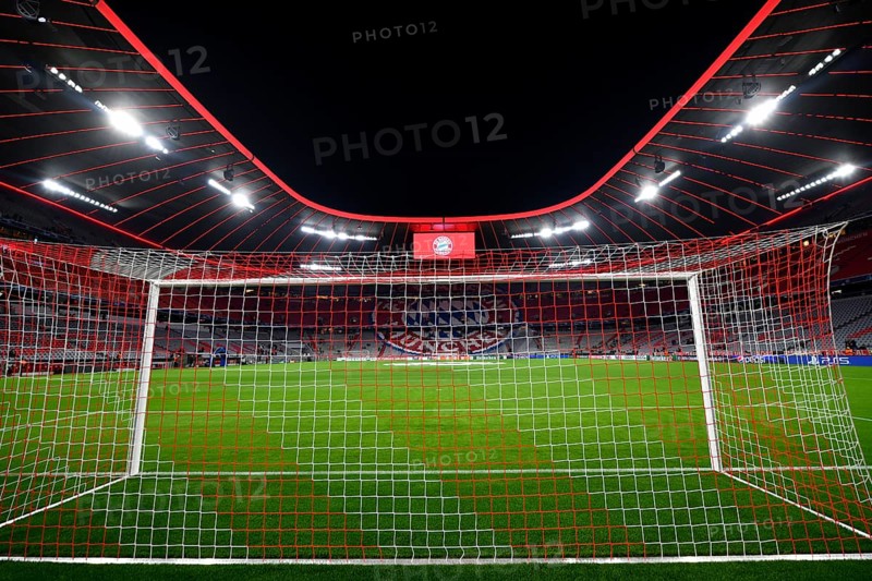 CL, Champions League evening, Allianz Arena, interior, goal net, scoreboard, pitch, empty, Munich, Bayern, Germany, Europe