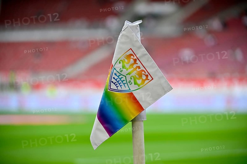Corner flag in rainbow colours, LGBTQ, Lesbian, Gay, Bisexual, Transgender and Queer, Logo, MHPArena, MHP Arena Stuttgart, Baden-Württemberg, Germany, Europe