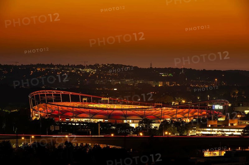 MHPArena, MHP Arena, shines for the first time with the new membrane lighting in red for the 130th birthday of VfB Stuttgart 1893, Stuttgart, Baden-Württemberg, Germany, Europe