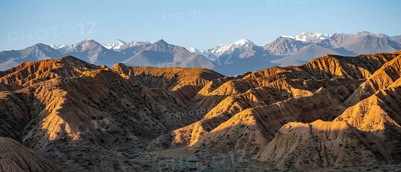 Landscape of eroded hills at sunrise, badlands, white mountain peaks of the Tian Shan Mountains in the background, Canyon of the Forgotten Rivers, Issyk Kul, Kyrgyzstan, Asia