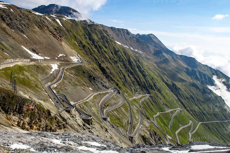 View of serpentines from north ramp Ascent from pass road to mountain pass Alpine pass with tight curves hairpin bends Stelvio Pass, Stilfs, South Tyrol, Alto Adige, Italy, Europe