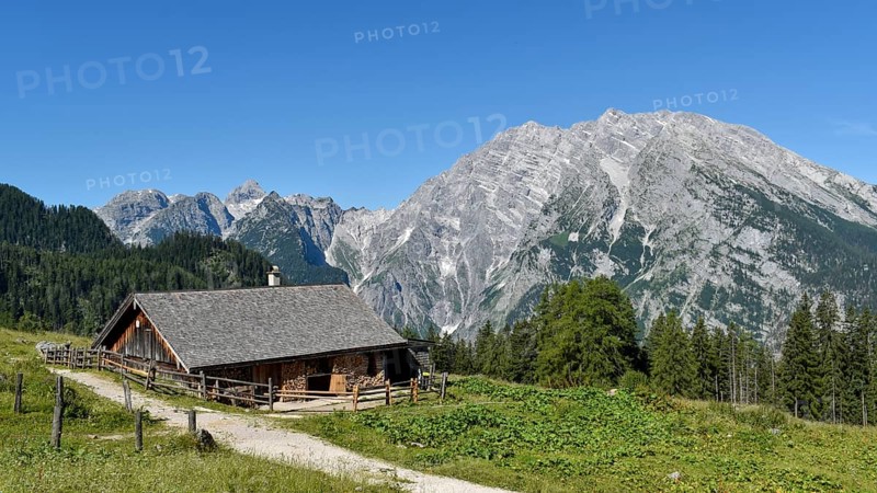 Alpine hut of the Priesbergalm in front of the Watzmann in the Berchtesgaden National Park, Bavaria, Germany, Europe