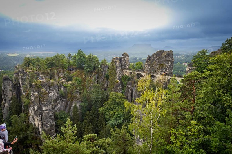 The world-famous Bastei Bridge over the Wehlgrund with Neurathen Rock Castle