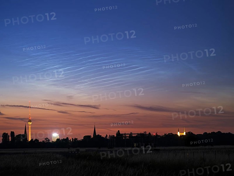 Glowing Night Clouds, Noctilucent Clouds over Berlin with TV Tower, Berlin, Germany, Europe