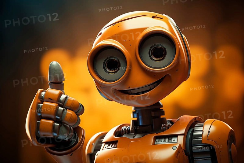 Orange robot showing a thumbs up gesture. The friendly robot has big round eyes and a friendly smile. Concept of artificial intelligence technology approval agreement, success, friendliness, AI generated