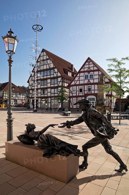 Sleeping Beauty sculpture by Karin Bohrmann-Roth in the old town, fairy tale based on the Brothers Grimm, Hofgeismar, Hesse, Germany, Europe