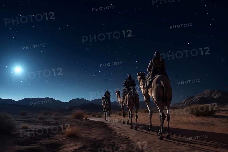 Christmas Jesus birth concept, Adoration of the Magi, Three Wise Men, Three Kings, and the Three biblical Magi with camel silhouettes journeying in sand dunes of desert follow Bethlehem star at night, AI generated