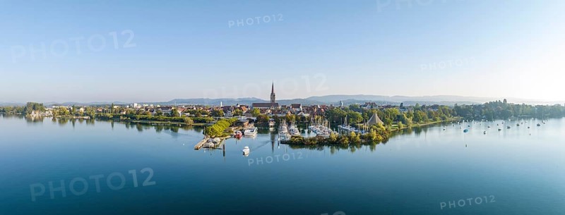 Aerial panorama of the town of Radolfzell on Lake Constance with the WÃ¤schbruckhafen, harbour pier and concert sail, district of Constance, Baden-Württemberg, Germany, Europe