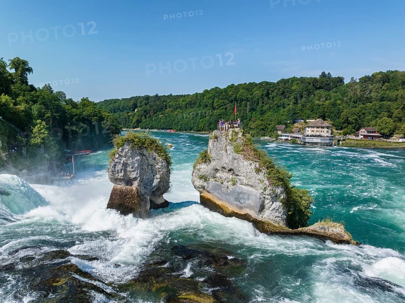 Aerial view of the Rhine Falls, with tourists on the viewing platform, Neuhausen, Canton Schaffhausen, Switzerland, Europe