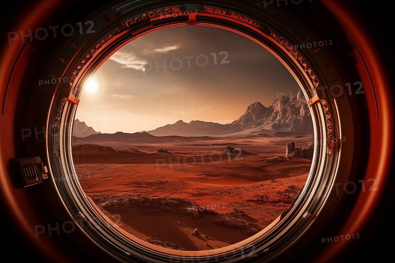Mars landscape seen through spaceship window illuminator. Concept of extraterrestrial journey space exploration, conveys sense of otherworldly beauty and wonder, AI generated