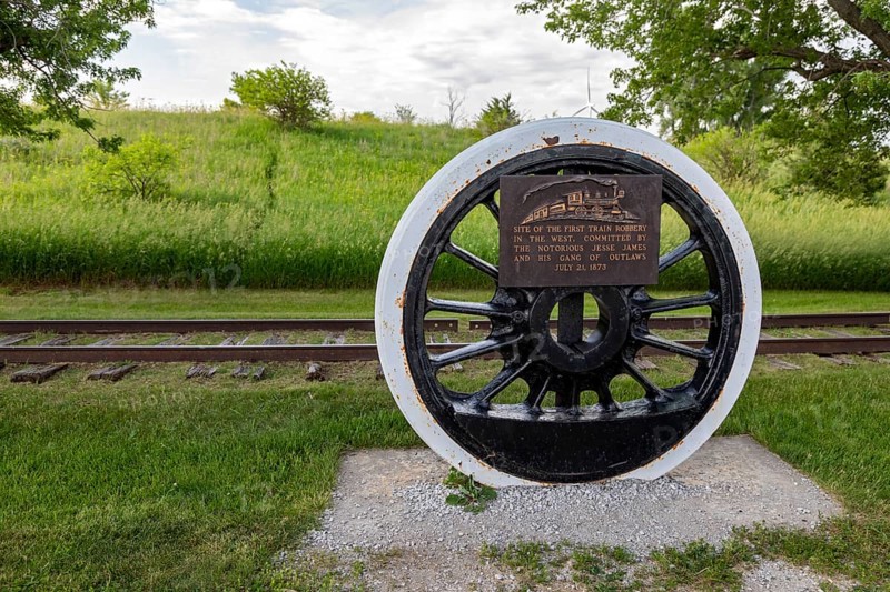 Adair, Iowa, The Jesse James Historical Site, the location of the first train robbery in the West, commited by the Jesse James Gang on July 21, 1873. The gang wore Ku Klux Klan masks when they derailed a Rock Island Line train and made off with $3, 000