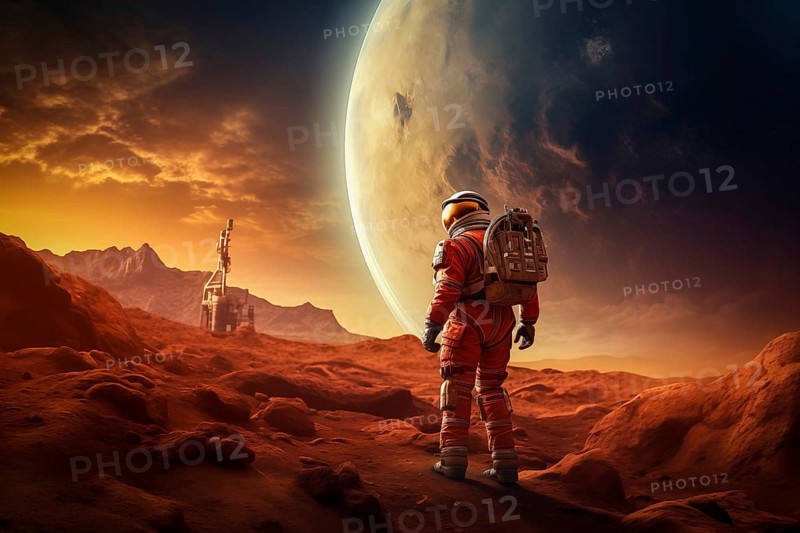 Future space travel mission to Mars, Astronaut in an orange suit walking on the surface of Mars with mountains and a moon in the background, AI generated