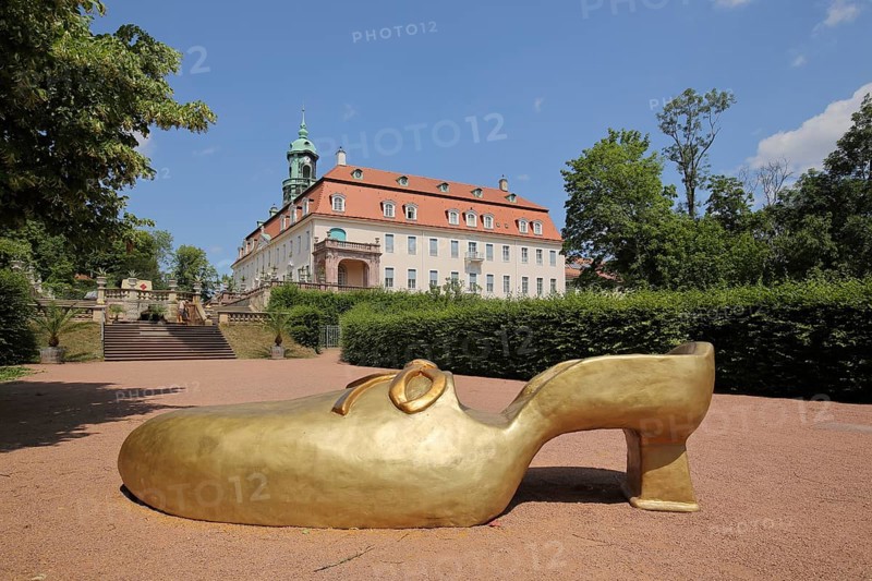 Sculpture golden lady's slipper from the fairy tale, Cinderella, golden, shoe, oversized, baroque garden, castle, Lichtenwalde, Niederwiesa, Saxony, Germany, Europe