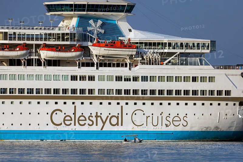 Celestyal Olympia, cruise ship of the Cypriot Celestyal Cruises, length 214 metres. Cruise harbour of KuÅŸadasÄ±. The Turkish harbour town of Kusadasi in the Aegean is a popular holiday resort and destination for cruises in the Mediterranean, Kusadasi, KuÅŸadasÄ±, Aydin province, Aegean region, Turkey, Asia