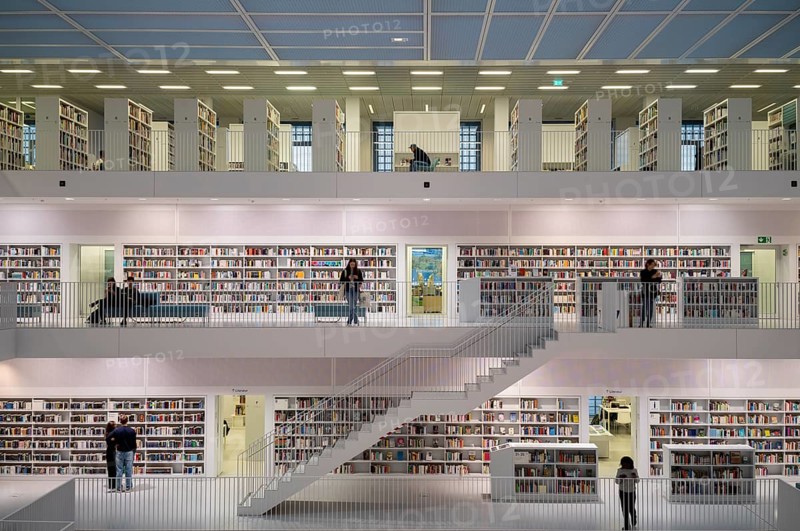 Interior view, gallery hall with staircases of the city library, architect Eun Young Yi, Stuttgart, Baden-Württemberg, Germany, Europe
