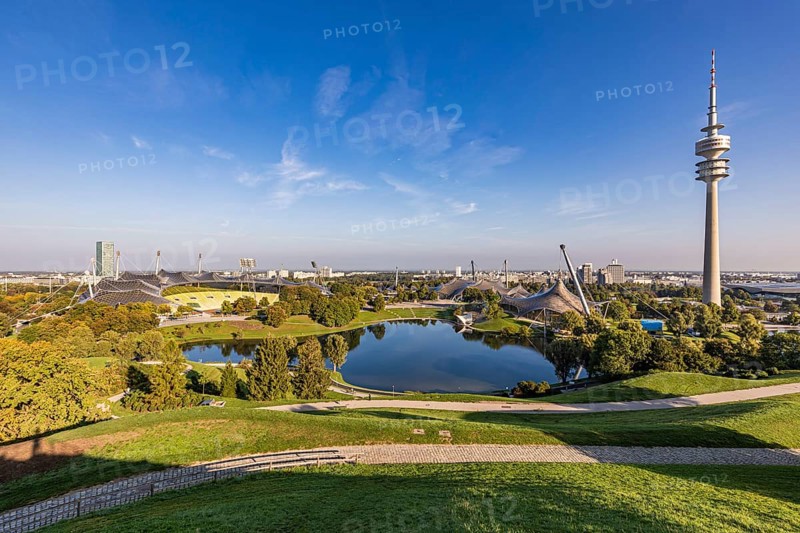 Olympic Park with Olympic Stadium, Olympic Lake and Olympic Tower in Munich, Bavaria, Germany, Europe