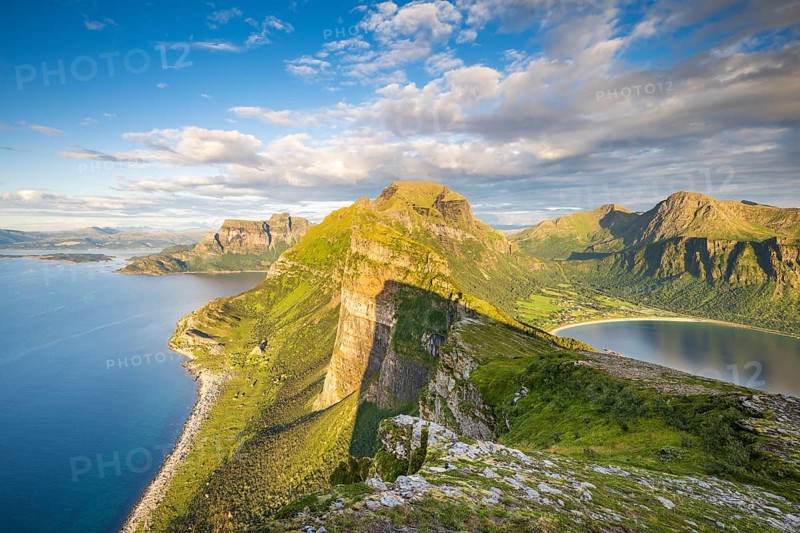 View from Finnesfjellet mountain to mountains and coast, Finnes, Helgeland coast, Bodo, Nordland, Norway, Europe