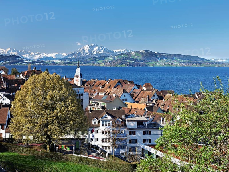 View from the rose garden at the Guggi to the Zytturm, church, old town, Pilatus in the background, Zug, Canton Zug, Switzerland, Europe