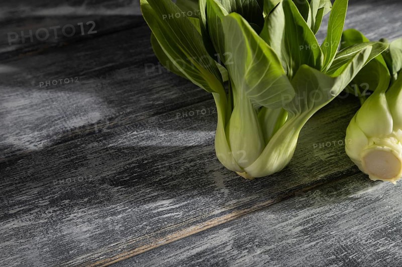 Fresh green bok choy or pac choi chinese cabbage on a gray wooden background. Hard light, contrast. Side view, copy space