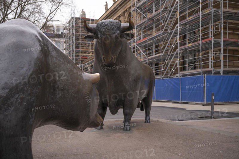 Bull and bear, sculptures by Reinhard Dachlauer, Börsennplatz, stock exchange, construction site, scaffolding, scaffolding, Frankfurt am Main, Hesse, Germany, Europe