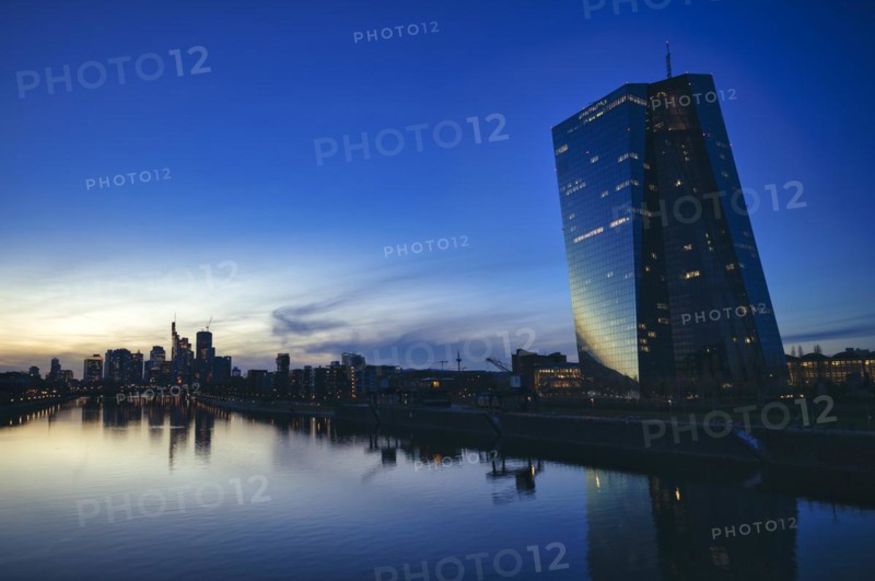 Night shot, European Central Bank, ECB, skyline banking district, financial district, Osthafen, Ostend, Main, twilight, sunset, blue hour, Frankfurt am Main, Hesse, Germany, Europe