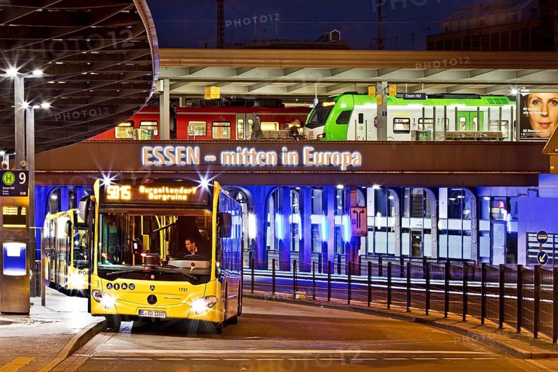 Essen public transport buses and regional trains at the main railway station, mobility, Deutschlandticket, Europaplatz, Essen, Ruhr area, North Rhine-Westphalia, Germany, Europe