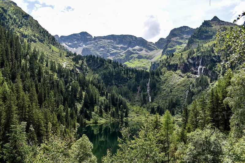 The hut lake and waterfalls at the Hans-Wödl-Hütte, Schladminger Tauern, Styria, Austria, Europe