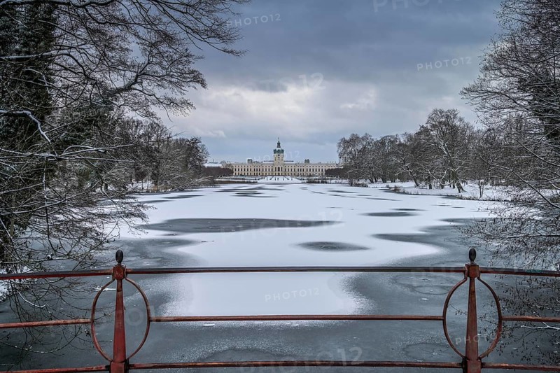 Winter, bridge, carp pond, palace garden, Charlottenburg Palace, Berlin, Germany, Europe