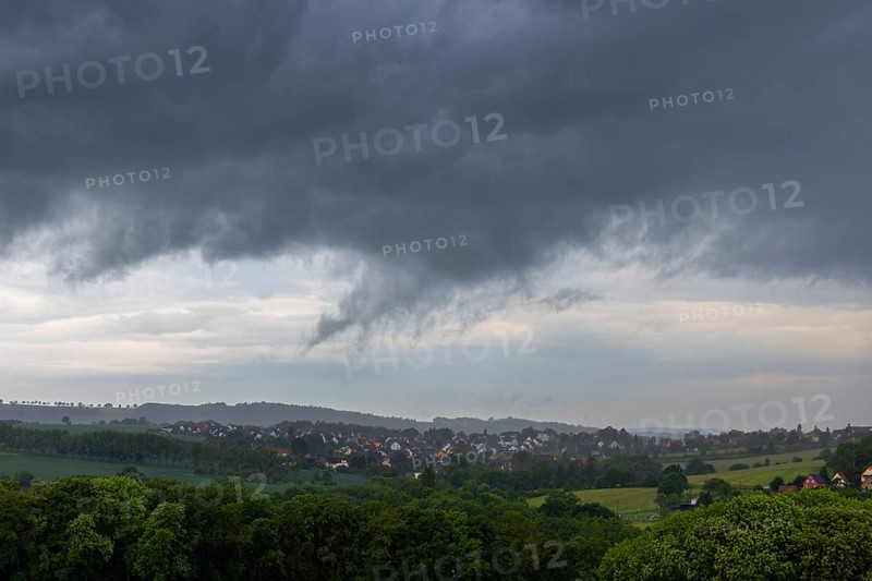 Heavy rain showers and thunderstorms over Possendorf in the Eastern Ore Mountains, Possendorf, Saxony, Germany, Europe