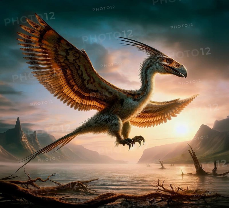 A prehistoric bird Archaeopteryx, a dinosaur and ancestor of birds, glides over a primeval landscape, AI generated, AI generated