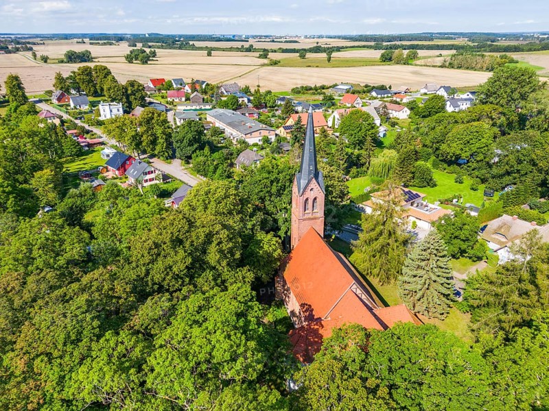 Aerial view, drone photo of Krummin village church and village, Krumminer Wiek on the Peenestrom, Usedom Island, Mecklenburg-Western Pomerania, Germany, Europe