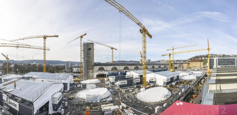 Stuttgart21 construction site. 27 light eyes will illuminate the new underground through station. Façade construction specialist Seele is currently installing the glass, steel and aluminium construction in a complex process. The windows have a diameter of up to 21 metres. Stuttgart, Baden-Württemberg, Germany, Europe