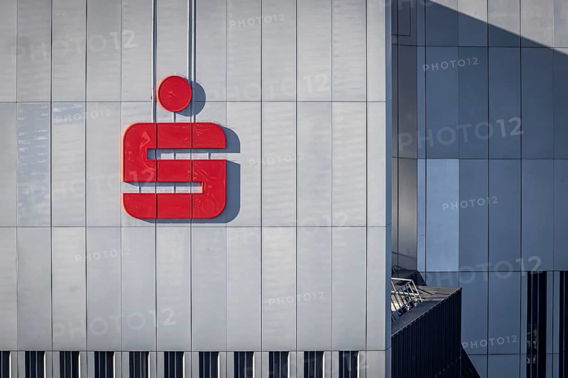Sparkasse logo on the facade of a skyscraper, banking district, Frankfurt am Main, Hesse, Germany, Europe