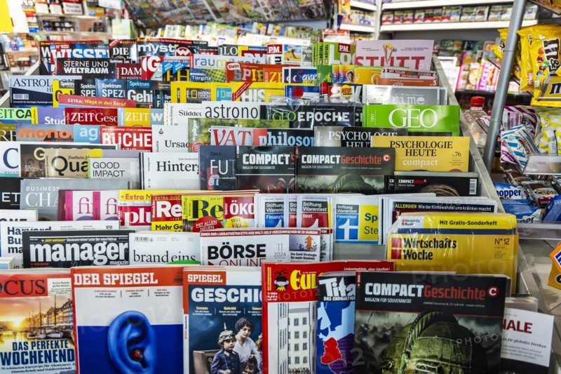 Kiosk with magazines on the economy and political media, including the magazine Compact, far-right political monthly magazine, Germany, Europe