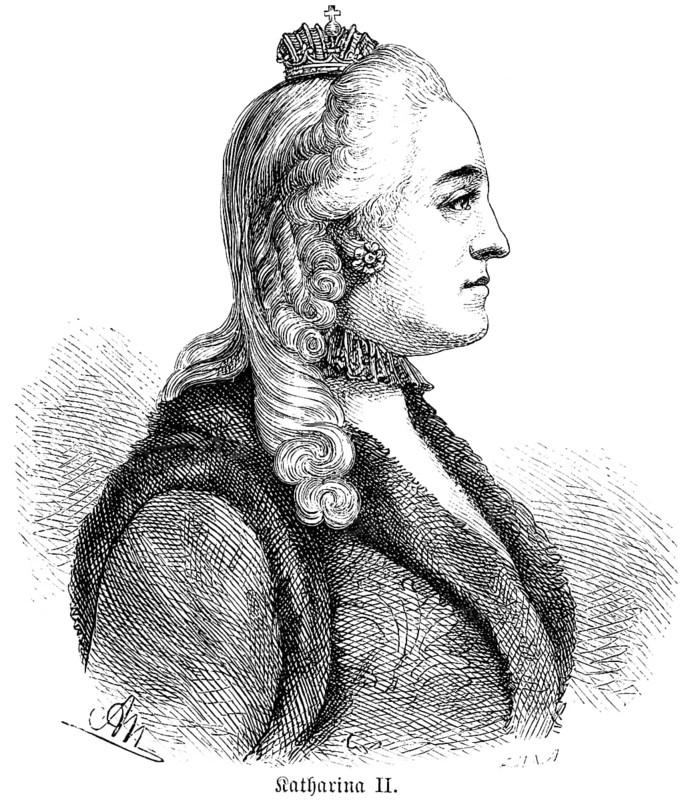 Catherine the Second, Tsarina, Tsar's Crown, Russia, Curls, portrait, Side view, 18th century, History, Historical illustration 1894, Europe