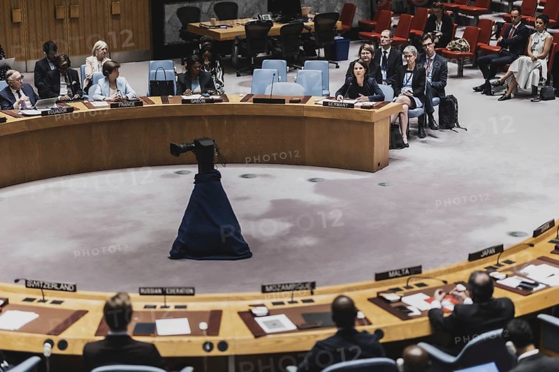 Annalena BÃ¤rbock (Bündnis 90 Die Grünen), Federal Minister for Foreign Affairs, photographed at the UN Security Council Meeting and Consultation on the Situation in Ukraine in New York City, 17.07.2023. Annalena BÃ¤rbock travels to New York to attend the ceremony marking the 25th anniversary of the Rome Statute of the International Court of Justice., New York City, United States, North America