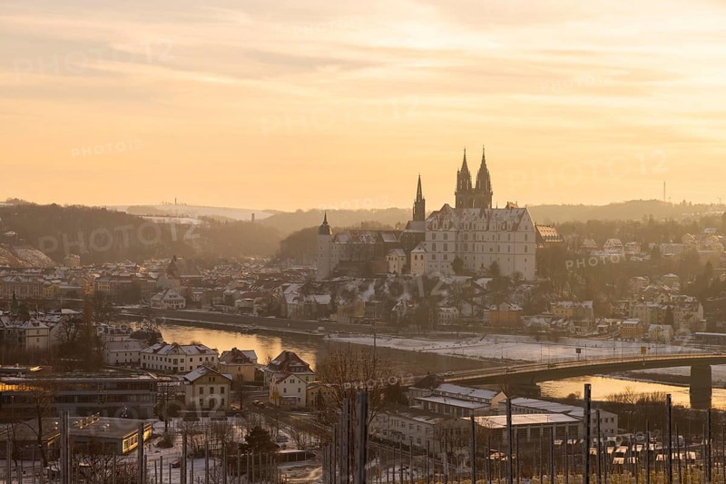 View from the Proschwitz Winery of Meissen Castle Hill with Albrechtsburg Castle, Bishop's Palace and Cathedral
