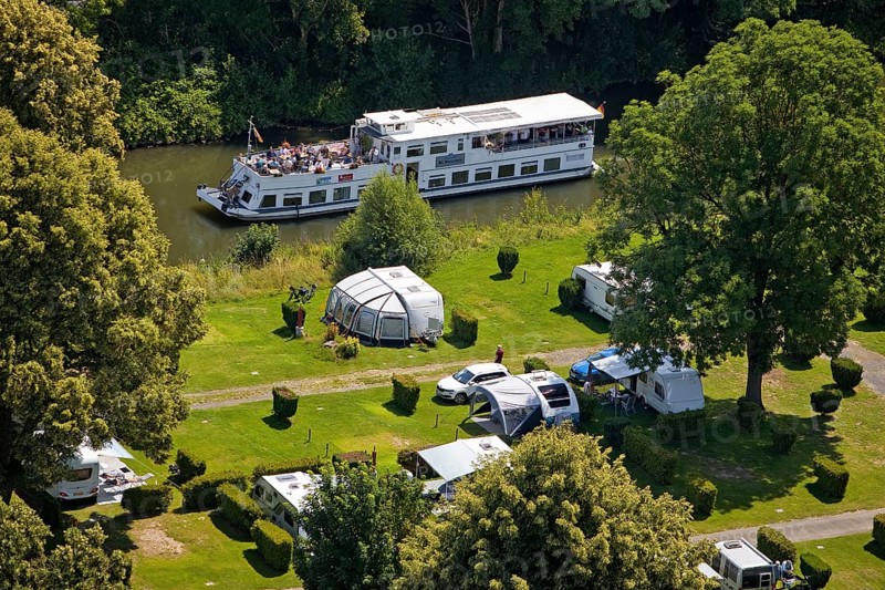 Camping site on the tributary of the river Fulda with the excursion boat MS Weserstein, Hannoversch Münden, Lower Saxony, Germany, Europe