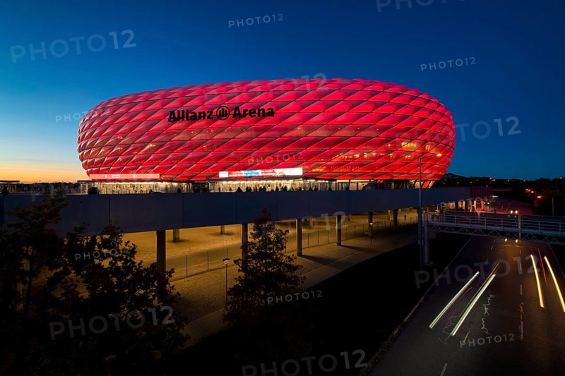 CL, Champions League evening, Allianz Arena, car park, illuminated, overview, blue hour, Munich, Bavaria, Germany, Europe